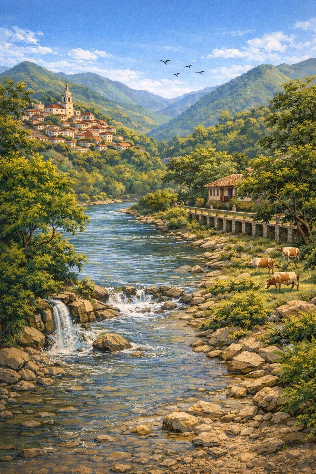 Ilustración de una quebrada de aguas cristalinas que baja entre rocas y pequeñas cascadas, con vacas pastando en la orilla.