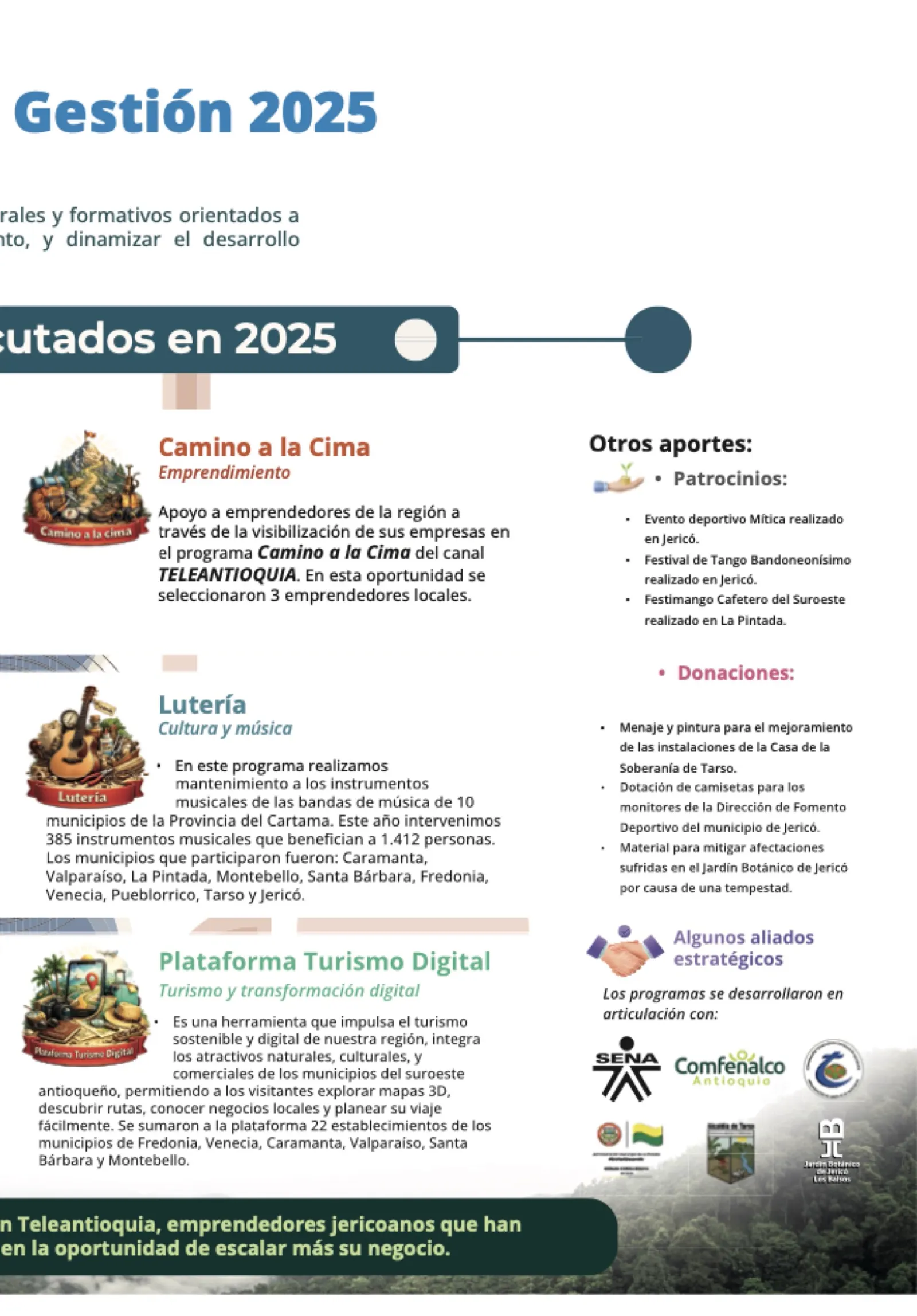 Mitad derecha de la infografía: Camino a la Cima en Teleantioquia, 3 emprendedores locales seleccionados; Lutería, 385 instrumentos musicales intervenidos de bandas de 10 municipios que benefician a 1.412 personas; Plataforma Turismo Digital, 22 establecimientos; otros aportes en patrocinios y donaciones; aliados estratégicos: SENA, Comfenalco Antioquia, Administración Municipal de La Pintada, Alcaldía de Tarso, Jardín Botánico de Jericó Los Balsos y un logo circular más.