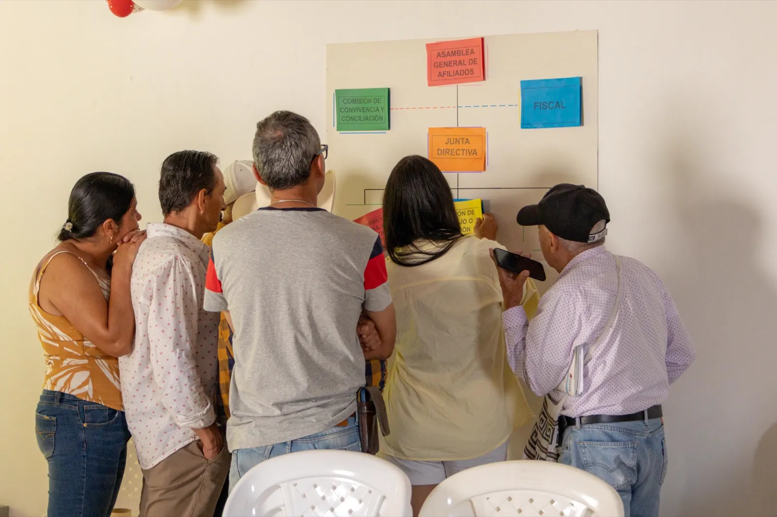 De espaldas, un grupo de personas observa en la pared un organigrama de carteles de colores con la Asamblea General de Afiliados, la Junta Directiva, el Fiscal y la Comisión de Convivencia y Conciliación.