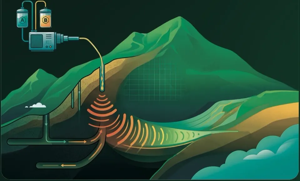 Ilustración de una montaña en corte con galerías subterráneas; desde un equipo con dos tanques marcados A y B baja una manguera hasta el subsuelo, donde ondas naranjas representan las vibraciones que se disipan bajo tierra.