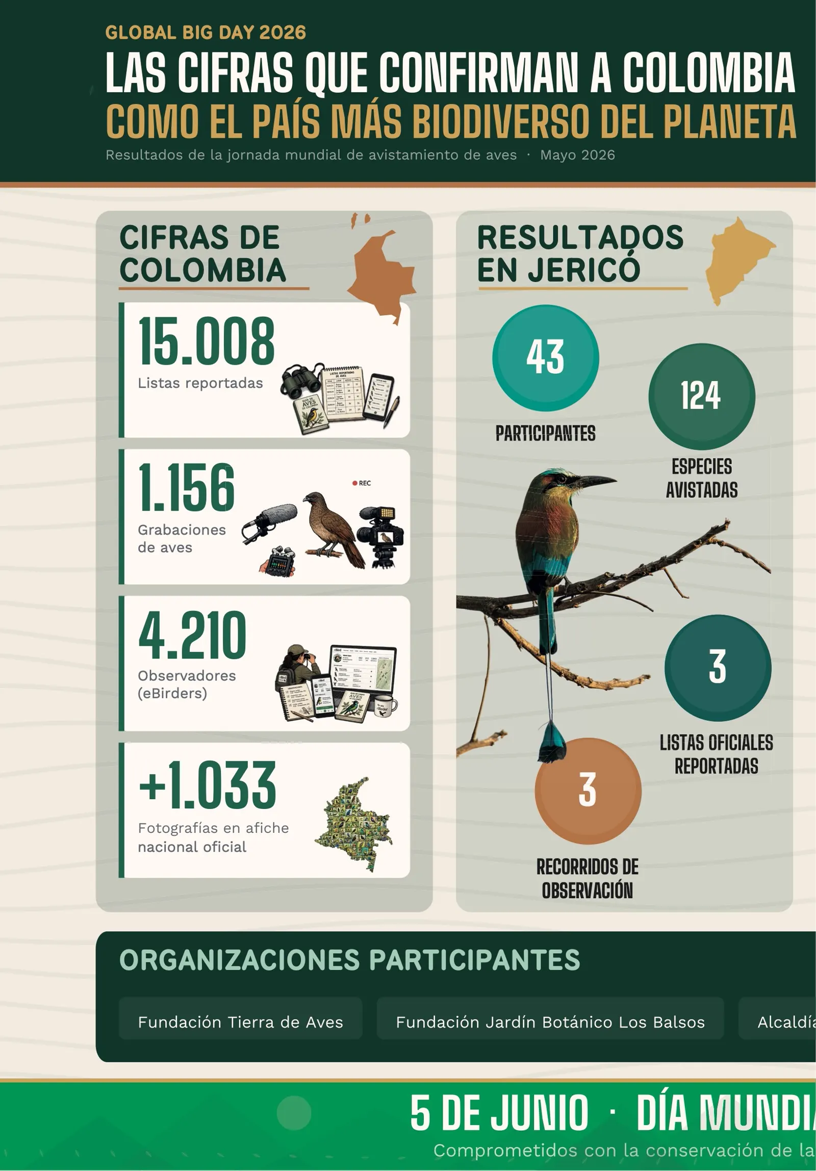 Primera página de la infografía. Cifras de Colombia: 15.008 listas reportadas, 1.156 grabaciones de aves, 4.210 observadores (eBirders), más de 1.033 fotografías en el afiche nacional oficial. Resultados en Jericó: 43 participantes, 124 especies avistadas, 3 listas oficiales reportadas y 3 recorridos de observación, con la ilustración de un barranquero posado en una rama.