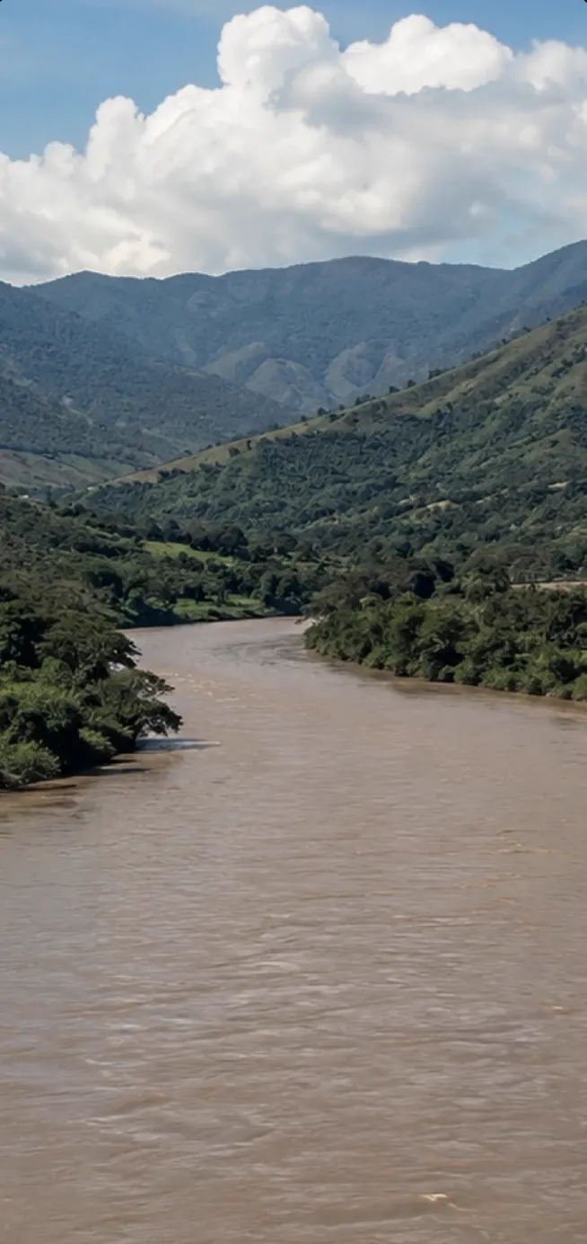 Río ancho de aguas color café que corre entre orillas con vegetación espesa y montañas verdes bajo un cielo con nubes.