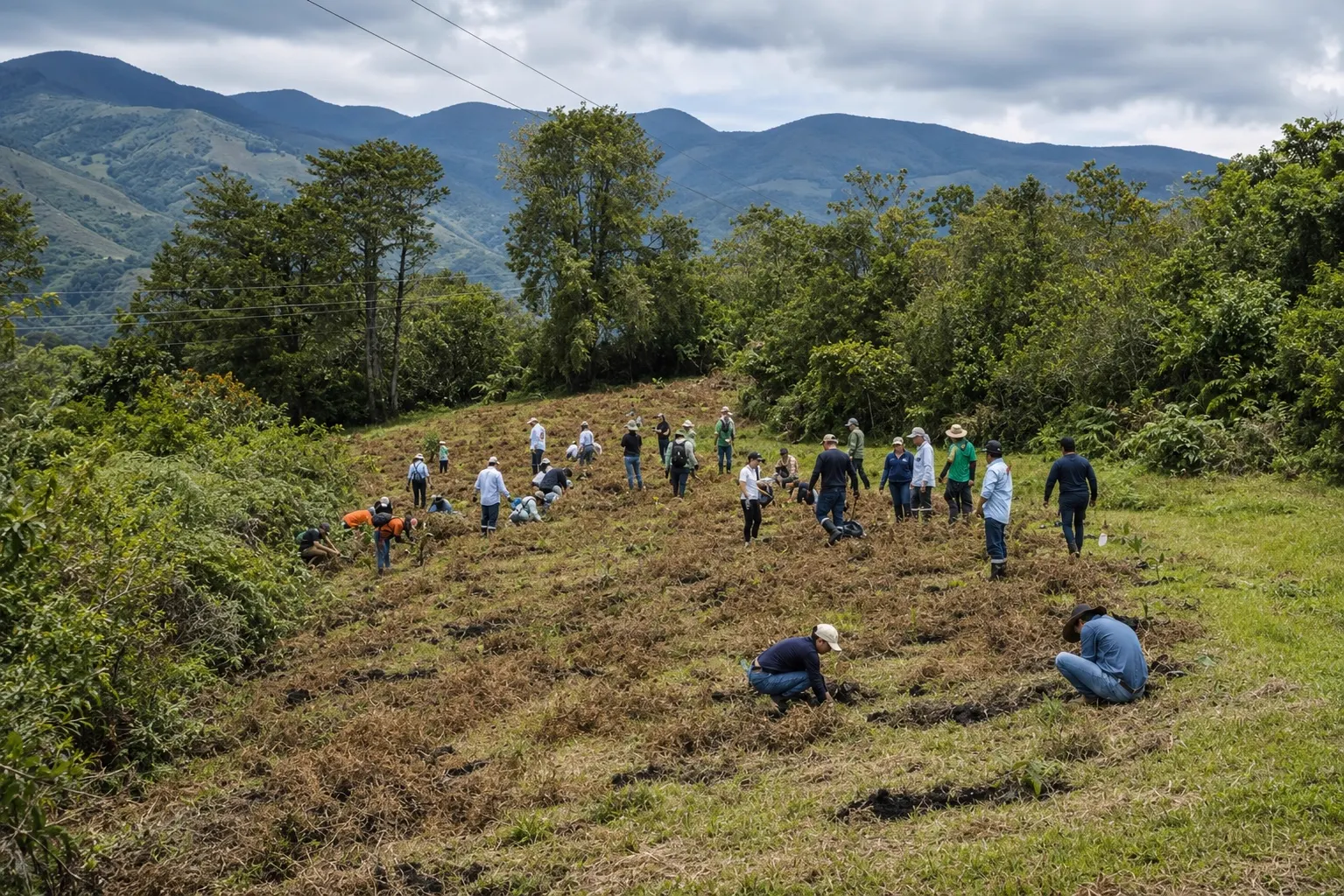 Decenas de personas siembran árboles en una ladera de pasto seco rodeada de bosque, con montañas al fondo bajo un cielo nublado.