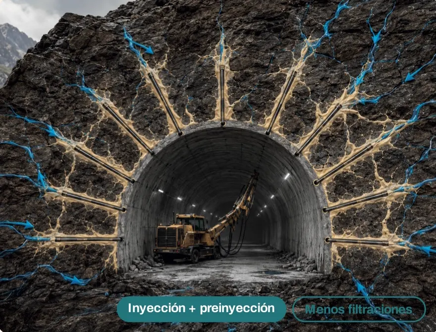 Ilustración de un túnel subterráneo con una máquina perforadora en su interior y líneas que irradian desde la bóveda hacia la roca, con fisuras de agua en azul; rótulos «Inyección + preinyección» y «Menos filtraciones».