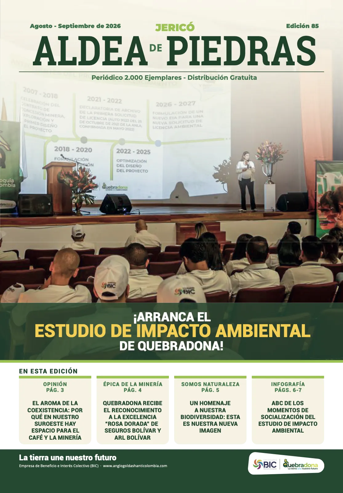 Portada impresa de Aldea de Piedras, edición 85: ¡Arranca el Estudio de Impacto Ambiental de Quebradona!