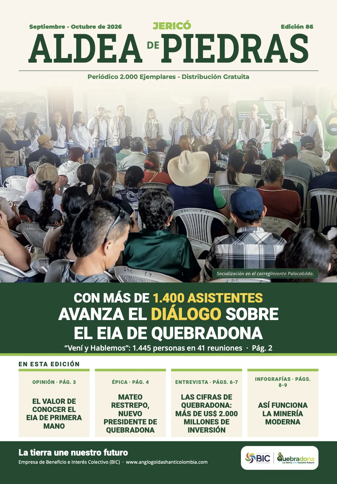 Portada impresa de Aldea de Piedras, edición 86: Con más de 1.400 asistentes avanza el diálogo sobre el EIA de Quebradona
